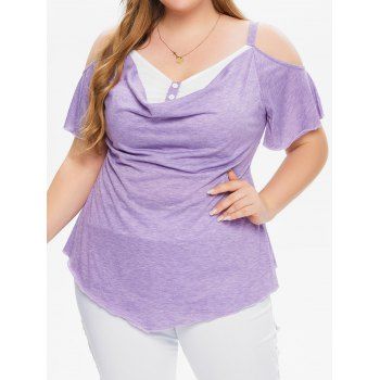 

Plus Size Faux Twinset T Shirt Heather T Shirt Curved Hem Draped Twofer Tee, Purple