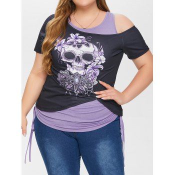 

Plus Size Gothic Skull Print Skew Collar T-shirt and Cinched Tie Ruched Tank Top Set, Black