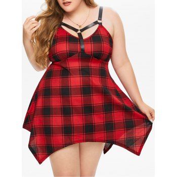 

Plus Size & Curve Dress Plaid Dress Cut Out Empire Waist Handkerchief Mini Dress, Red