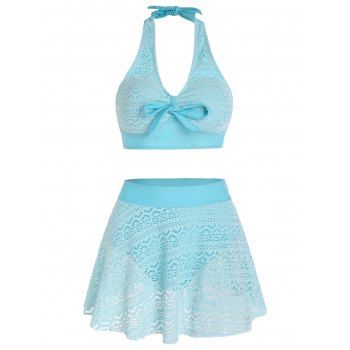 

Halter Tankini Swimsuit Hollow Out Lace Bowknot Pastel Color Plunge Two Piece Skorts Beach Swimwear, Light blue