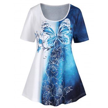 

Plus Size T Shirt Leaf Butterfly Rose Print T Shirt Colorblock Trendy Summer Casual Tee, Blue