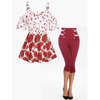 

Cold Shoulder Rose Print Flounce Top And Lace Panel Sailor Button Capri High Rise Leggings Summer Outfit, Red