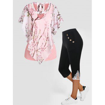 

Peach Bloom Floral Asymmetric Chiffon Cut Out Heathered 2 In 1 T Shirt and High Waisted Lace Applique Capri Leggings Summer Casual Outfit, Multicolor