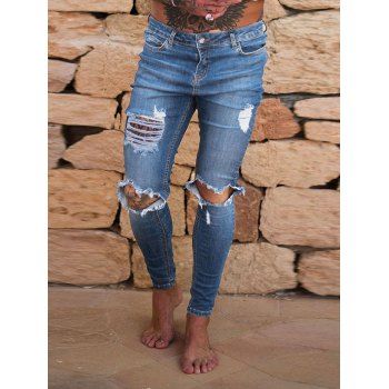 

Distressed Ripped Jeans Zip Fly Long Straight Destroy Wash Casual Denim Pants, Light blue