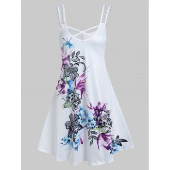 

Flower Ink Painting Print Mini Dress Cross Double Straps A Line Dress Sleeveless Sundress, White