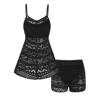 

Modest Tankini Swimsuit Sheer Swimwear Laser Cut Out Solid Color Padded Boyshorts Spaghetti Strap Beach Bathing Suit, Black