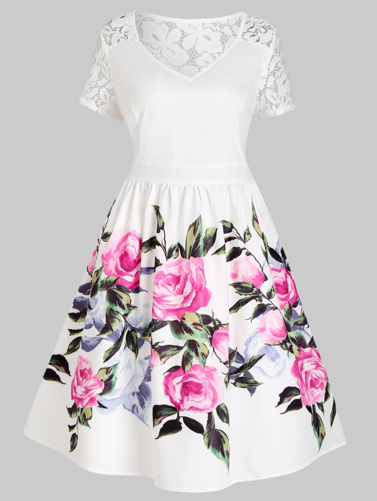 Plus Size Dress Knee Length High Waist Dress Rose Print Lace Panel A Line Dress - WHITE 4X