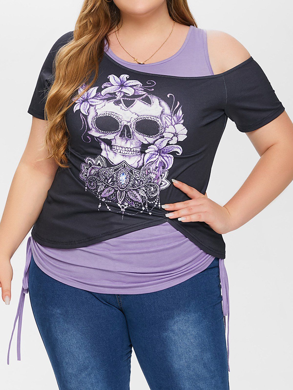 Plus Size Gothic Skull Print Skew Collar T-shirt and Cinched Tie Ruched Tank Top Set - BLACK 3X