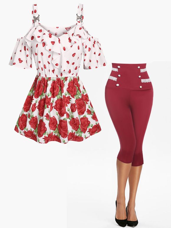 Cold Shoulder Rose Print Flounce Top And Lace Panel Sailor Button Capri High Rise Leggings Summer Outfit - RED S