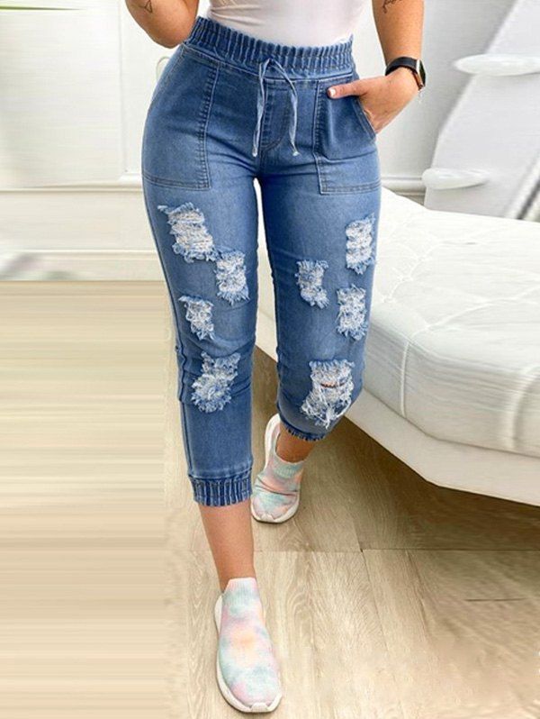 Casual Capri Jeans Ripped Jeans Elastic Waist Tied Beam Feet Pockets Trendy Summer Jeans 