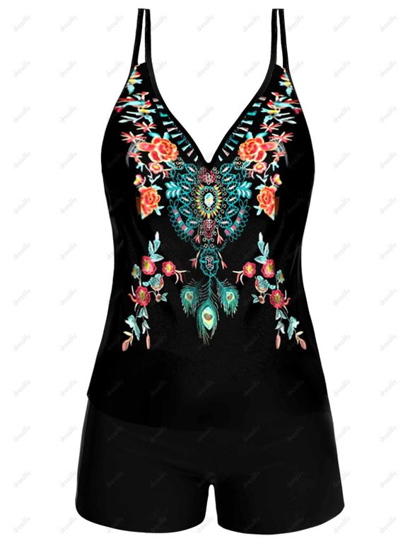 Maillot de Bain Tankini Rembourré à Imprimé Fleur à Double Bretelle Style Bohémien de Plage - Noir 2XL