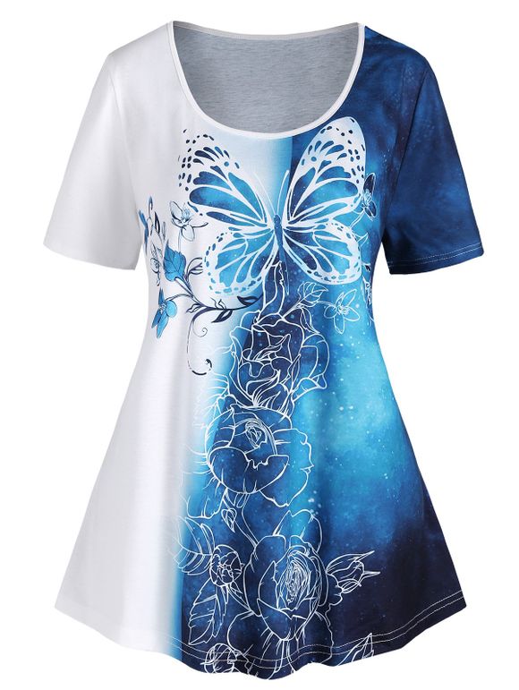 T-shirt D'Eté Décontracté Rose Feuille Papillon en Blocs de Couleurs de Grande Taille - Bleu L