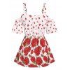 Cold Shoulder Rose Print Flounce Top And Lace Panel Sailor Button Capri High Rise Leggings Summer Outfit - RED S