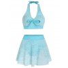 Maillot de Bain Tankini Evidé en Dentelle avec Jupe-short Nœud Papillon Deux Pièces - Bleu clair S