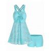 Modest Sheer Swimsuit Laser Cut Out Solid Color Cinched Dual Strap Boyshorts Tankini Swimwear - GREEN S