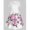 Plus Size Dress Knee Length High Waist Dress Rose Print Lace Panel A Line Dress - WHITE L