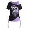 Plus Size Gothic Skull Print Skew Collar T-shirt and Cinched Tie Ruched Tank Top Set - BLACK 3X