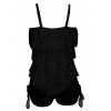 Modest Swimsuit Hollow Out Lace Layered Tankini Swimwear Two Piece Set Tummy Control Cinched Tie Bathing Suit - BLACK XL