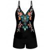 Maillot de Bain Tankini Rembourré à Imprimé Fleur à Double Bretelle Style Bohémien de Plage - Noir 2XL