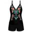 Maillot de Bain Tankini Rembourré à Imprimé Fleur à Double Bretelle Style Bohémien de Plage - Noir 2XL
