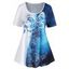 T-shirt D'Eté Décontracté Rose Feuille Papillon en Blocs de Couleurs de Grande Taille - Bleu 4X