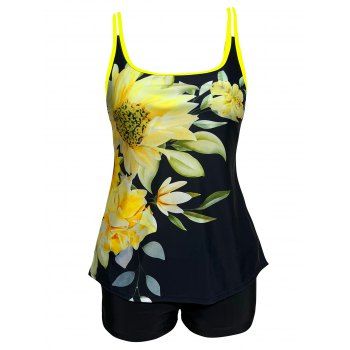 

Modest Tankini Swimsuit Floral Print Swimwear Dual Straps Boyshorts Summer Beach Bathing Suit, Yellow