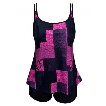 

Modest Tankini Swimsuit Plaid Print Vintage Swimwear Padded Dual Strap Boyshorts Summer Beach Bathing Suit, Purple