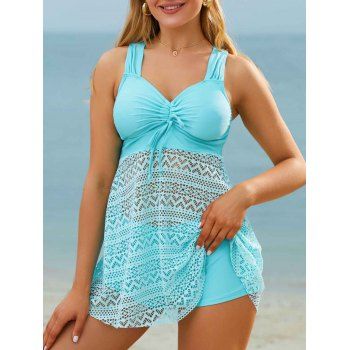 

Modest Sheer Swimsuit Laser Cut Out Solid Color Cinched Dual Strap Boyshorts Tankini Swimwear, Green