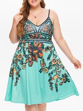 Plus Size & Curve Sundress Flower Midi Dress Leaf Print Vacation A Line Slip Dress