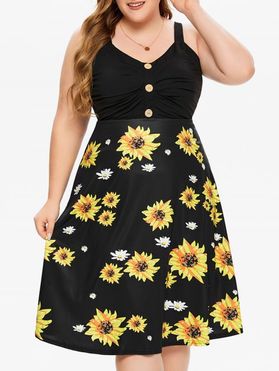 Plus Size Sunflower Print Ruched Cami Dress