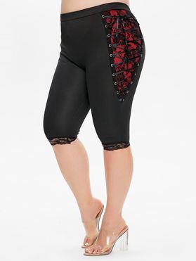 Plus Size Casual Capri Leggings Lace Up Rose Lace Panel Colorblock Elastic Waist Summer Leggings