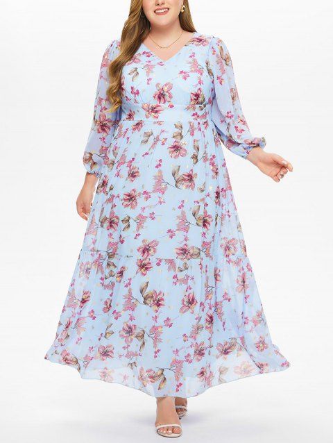 Plus Size Maxi Dress Flower Print Mesh Long Sleeve High Waist A Line Semi Formal Dress