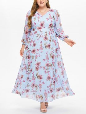 Plus Size Maxi Dress Flower Print Mesh Long Sleeve High Waist A Line Semi Formal Dress