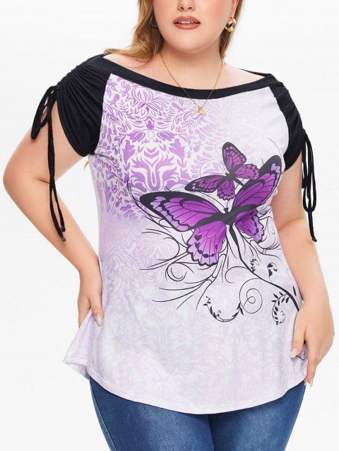 Plus Size Bohemian Raglan Casual T Shirt Cinched Butterfly Print Short Sleeve Summer Tee