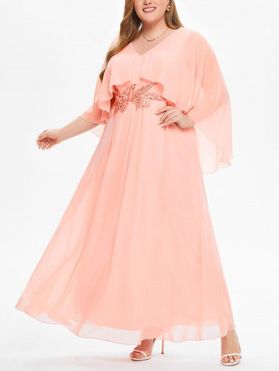 Plus Size Chiffon Dress Solid Color Ruffle Sequined Flower Embellishment Elegant A Line Maxi Party Dress