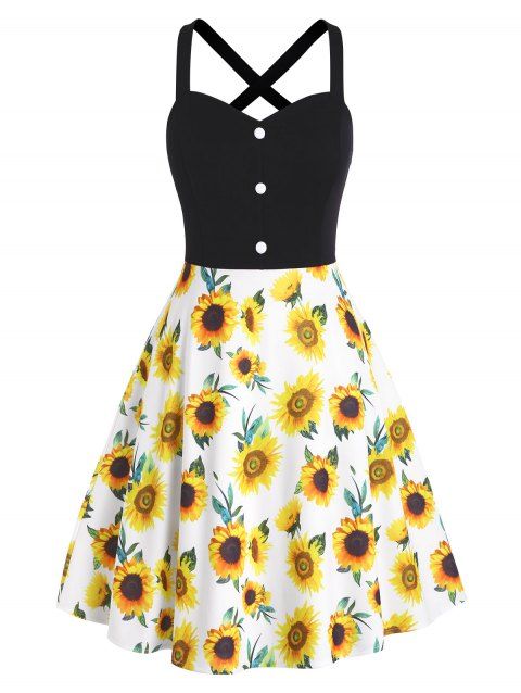 Plus Size Dress Sunflower High Waisted Dress Mock Button Criss Cross A Line Mini Dress