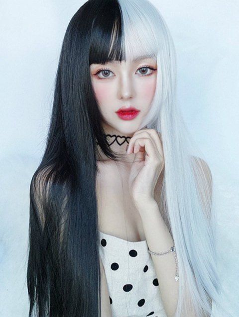 Halloween Two Tone Wig Full Bang Long Straight Wig Heat Resistant Synthetic Cosplay Wig