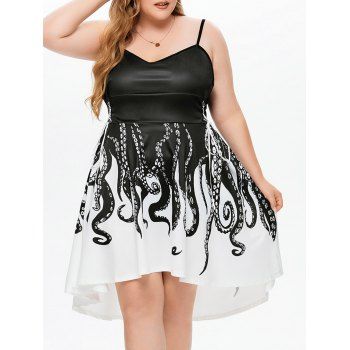 

Plus Size Dress Octopus Print Lace Up High Waisted Dress High Low Mini Dress, Black