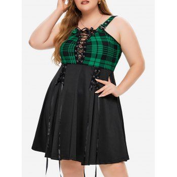 

Plus Size Dress Plaid Print Dress Lace Up Plunge Buckle Straps A Line Mini Dress, Green