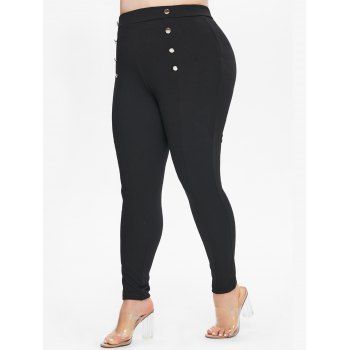 

Plus Size Solid Textured High Waisted Sailor Button Skinny Leggings, Black