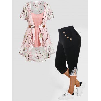 

Plus Size & Curve Peach Blossom Print Short Sleeve Cami Tops Set And Mock Button Lace Panel Hollow Out Capri Leggings Outfits, Multicolor