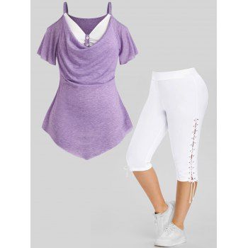 

Plus Size & Curve Draped Heather Curved Hem Faux Twinset T Shirt And Lace Up Eyelet Capri Leggings Summer Outfit, Multicolor