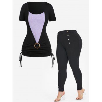 

Plus Size O Ring Cinched Ruched Colorblock Faux Twinset Tee And Textured High Waisted Sailor Style Button Skinny Leggings Outfits, Multicolor