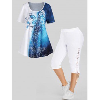 Butterfly Floral Colorblock Tee and Lace Up Capri Leggings Plus Size Summer Outfit