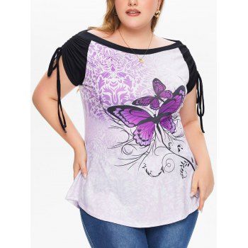 

Plus Size Bohemian Raglan Casual T Shirt Cinched Butterfly Print Short Sleeve Summer Tee, Light purple