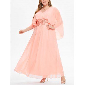 

Plus Size Chiffon Dress Solid Color Ruffle Sequined Flower Embellishment Elegant A Line Maxi Party Dress, Light pink