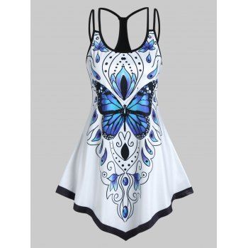 Bohemian Tank Top Floral Butterfly Print Ringer Cut Out Long Summer Casual Top