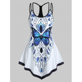 

Bohemian Tank Top Floral Butterfly Print Ringer Cut Out Long Summer Casual Top, White