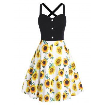 

Plus Size Dress Sunflower High Waisted Dress Mock Button Criss Cross A Line Mini Dress, Yellow