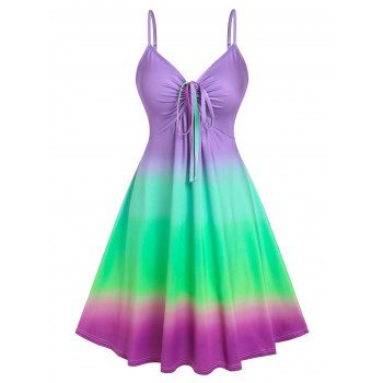 Plus Size Rainbow Ombre Cami Dress Curve Ruched Tie Fit and Flare Midi Dress
